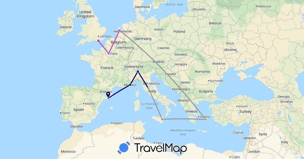 TravelMap itinerary: driving, plane, train in Spain, France, United Kingdom, Greece, Italy, Monaco, Netherlands (Europe)